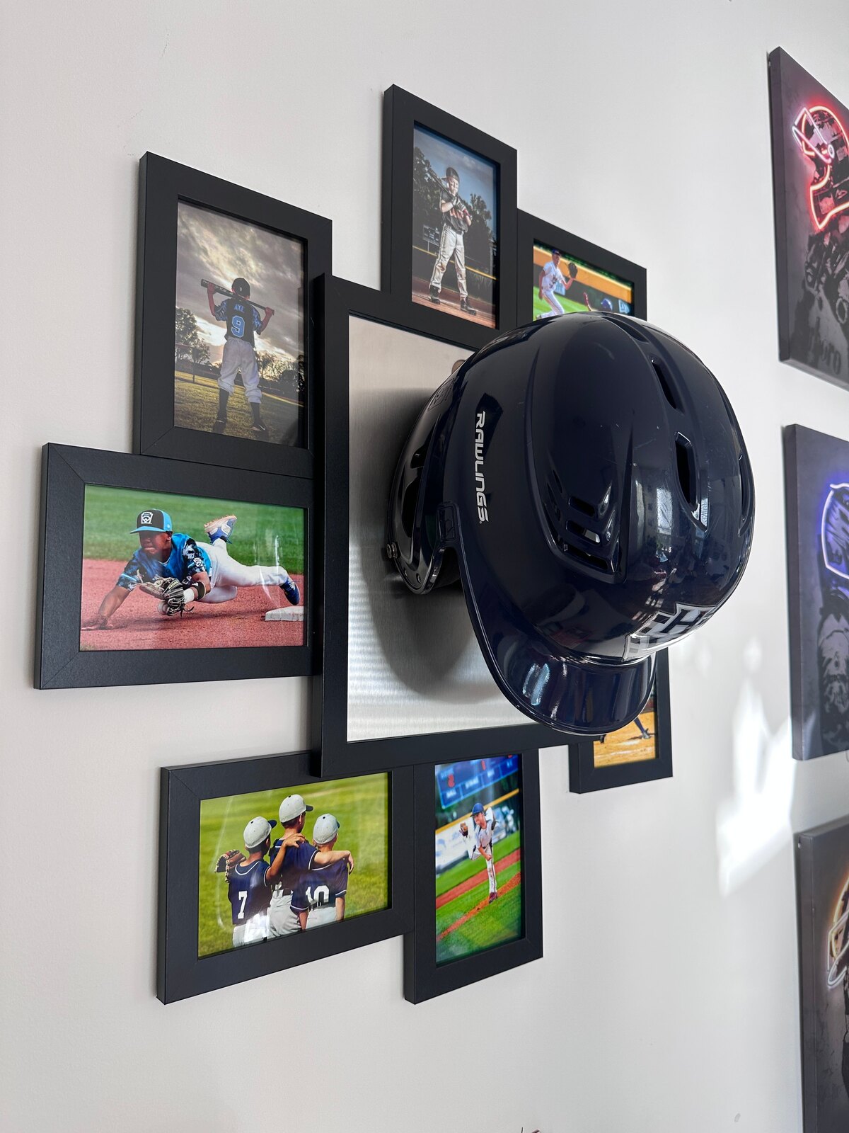Baseball helmet on a Brain Bucket Display surrounded by game photos