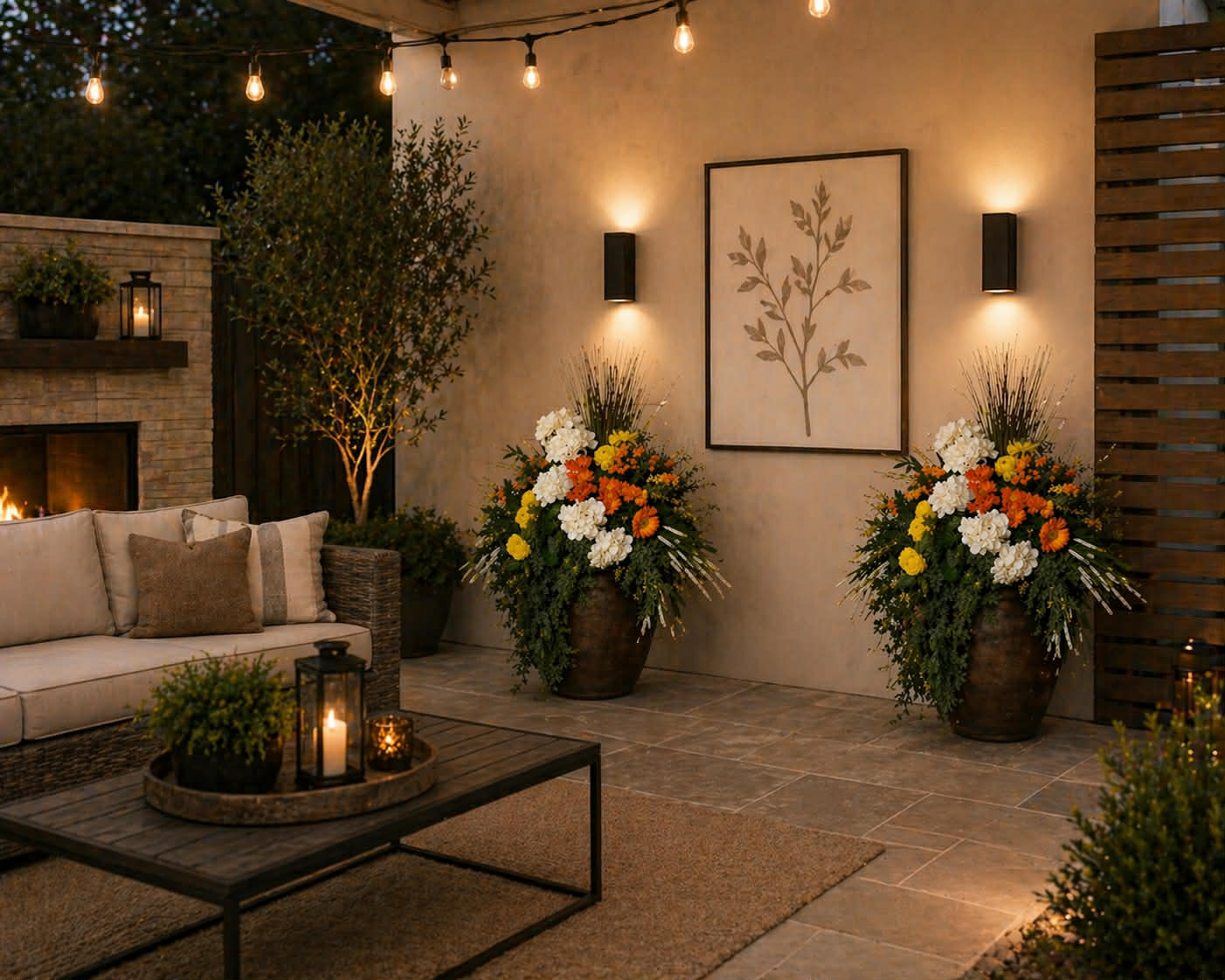 Evening patio with twin floral planters