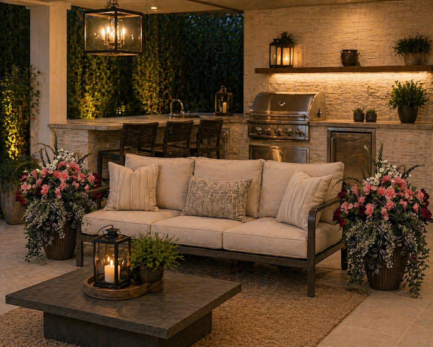 Outdoor kitchen with planter accents at dusk