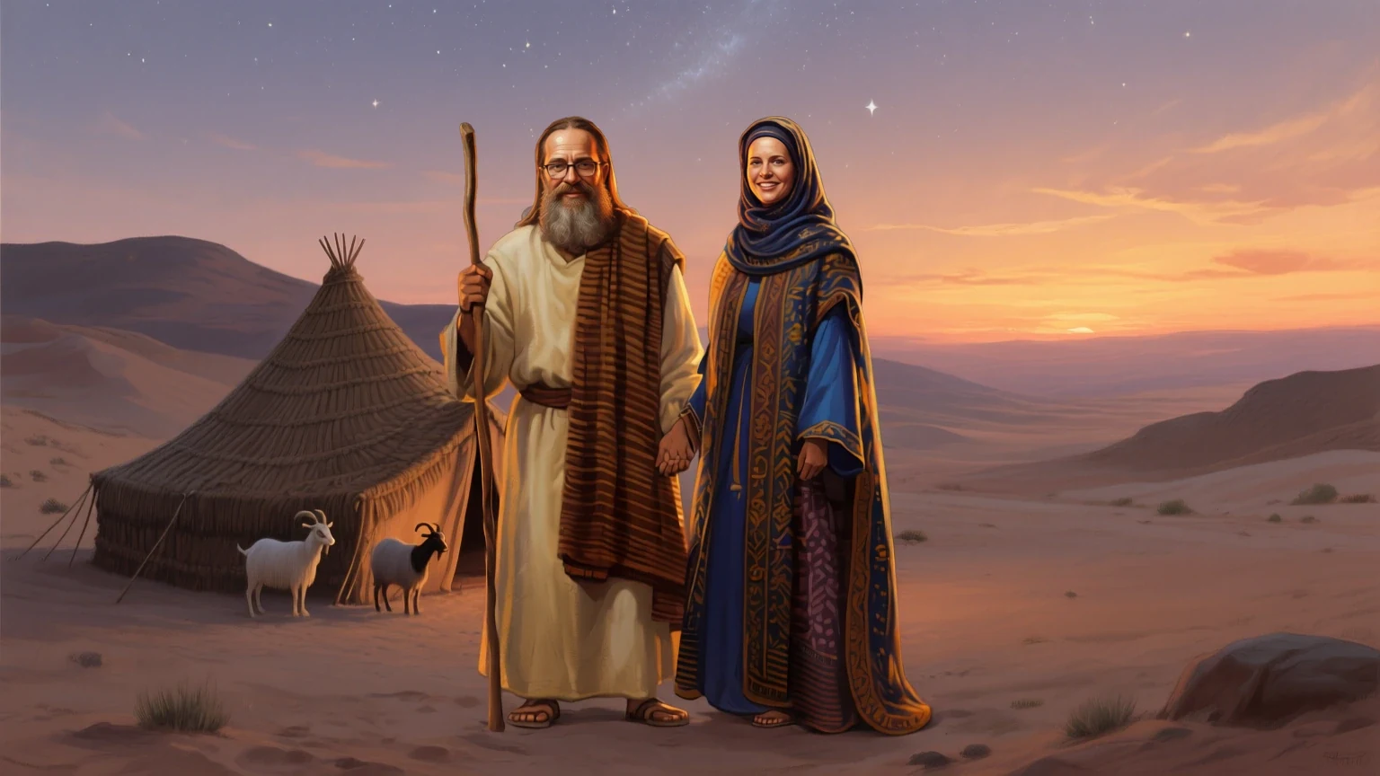 A husband and wife painted as Abraham and Sarah before their tents at dusk