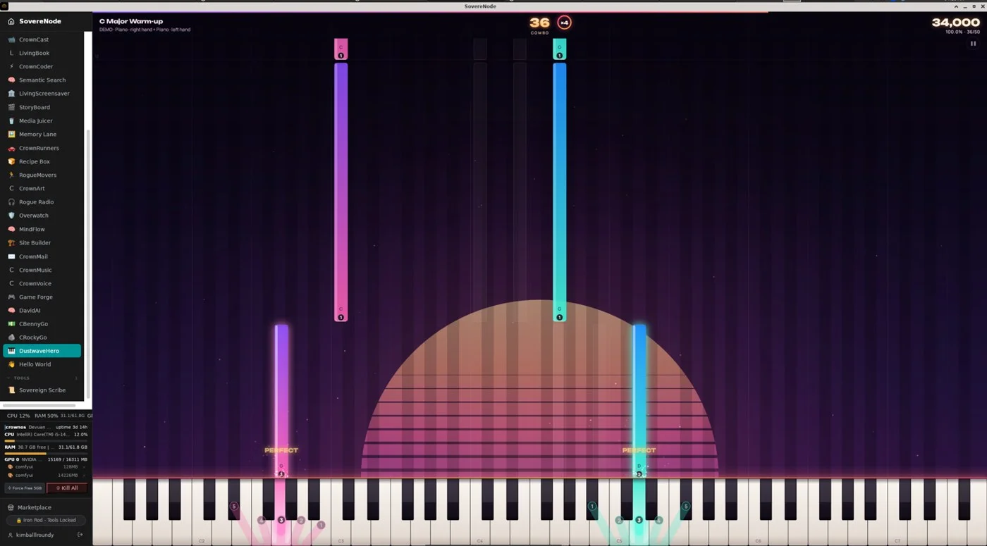 DustWave Studio gameplay: falling colored notes over a glowing sunset and a piano keyboard, with a combo counter and a score