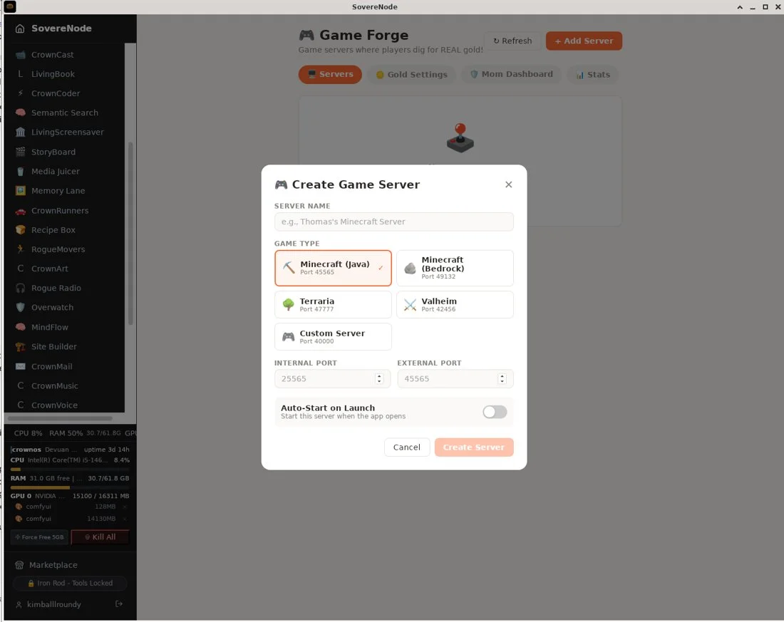 Game Forge's Create Game Server screen, with Minecraft Java, Minecraft Bedrock, Terraria, Valheim and a custom server to choose from
