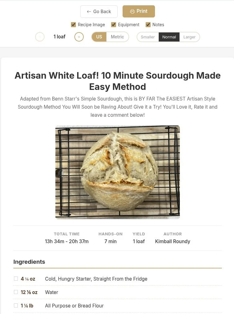 A printable recipe page with a scalable yield, US and metric toggle, and the ingredient list