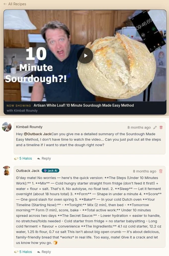 A recipe's video walk-through, and below it the Outback Jack AI coach giving the steps and a timeline for a sourdough recipe