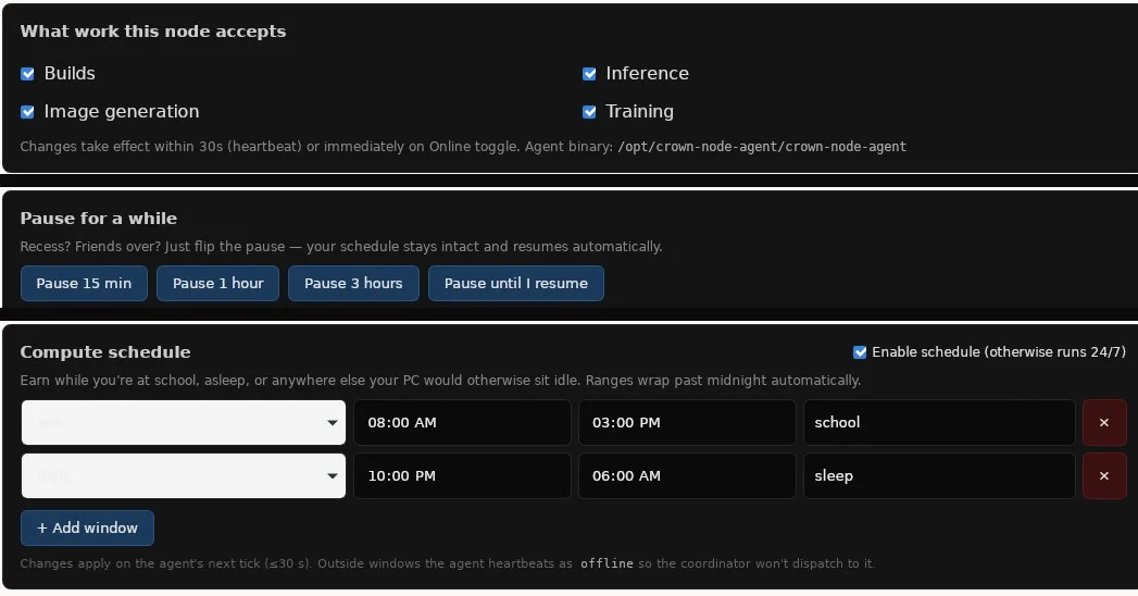 SovereNode controls: choose which work your node accepts, pause for a while, and a compute schedule with school and sleep windows