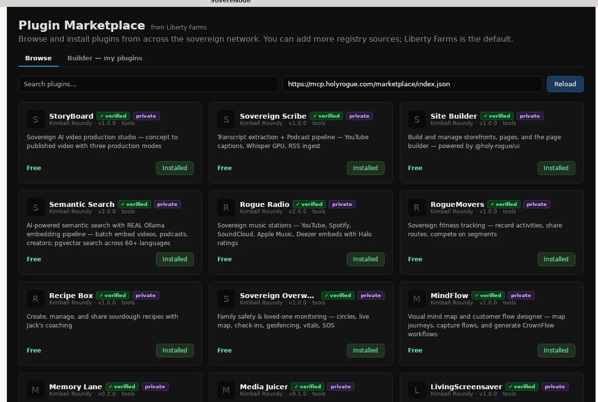 The SovereNode plugin marketplace: StoryBoard, Sovereign Scribe, Site Builder, Semantic Search, Rogue Radio, Recipe Box, CrownMail and more, all free and installed