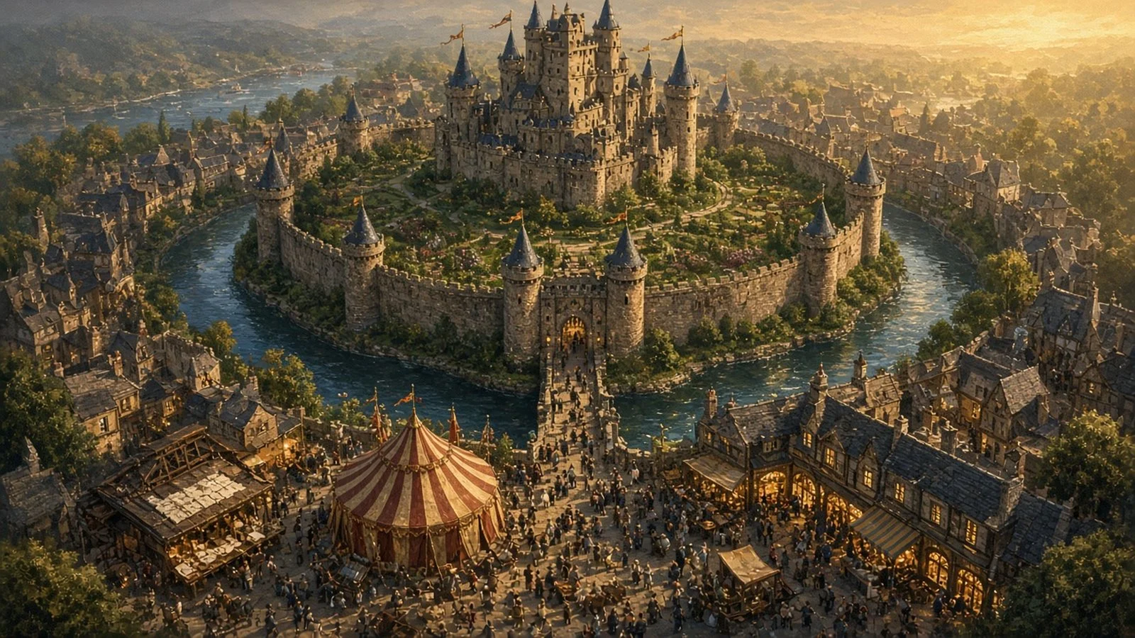 Painted aerial view of a kingdom: a castle at the center, walled courtyards, and a busy barbican market in front of the gate