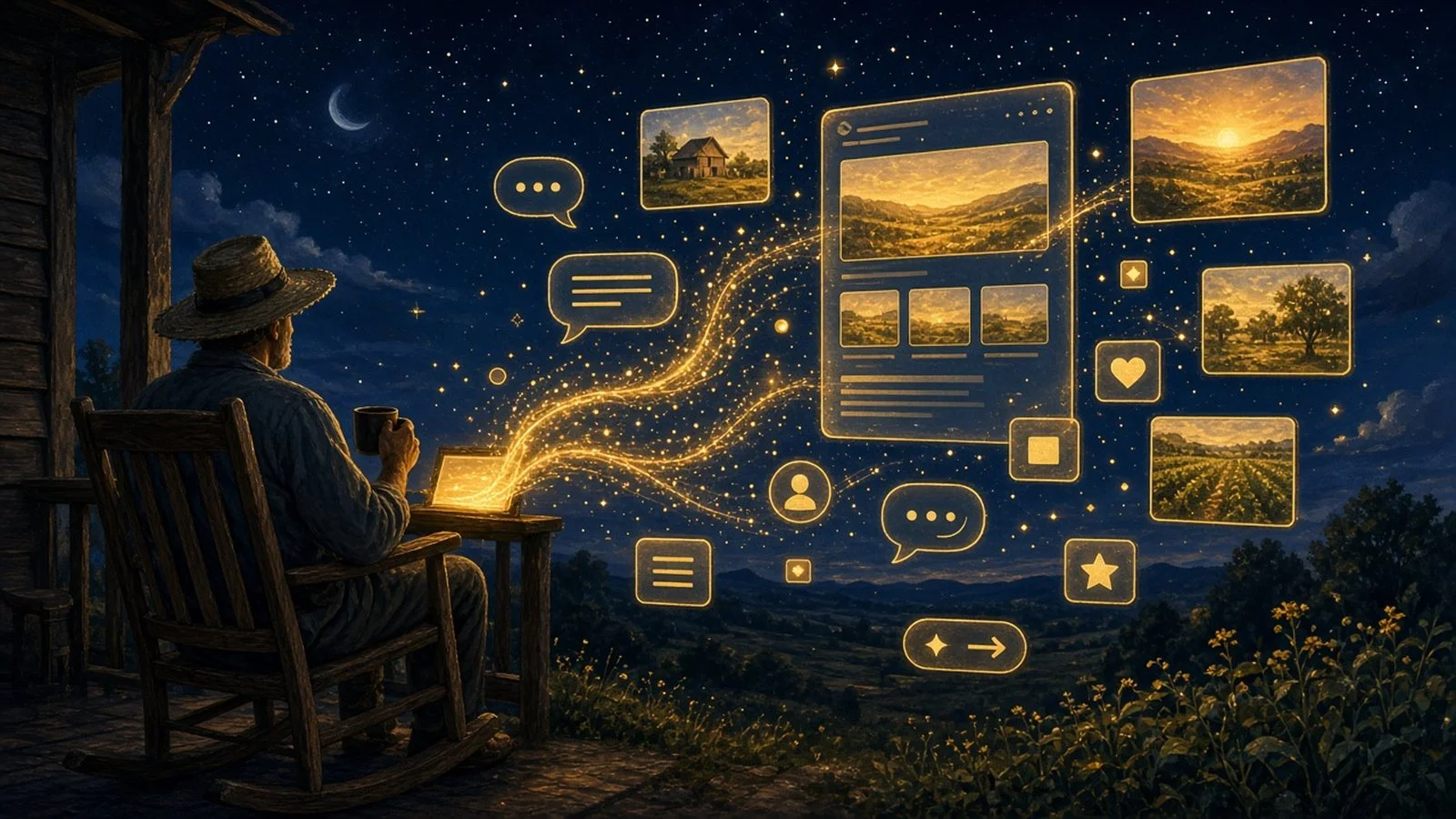 Painted farmer on a porch at night talking to a glowing screen while golden light assembles a web page in the air